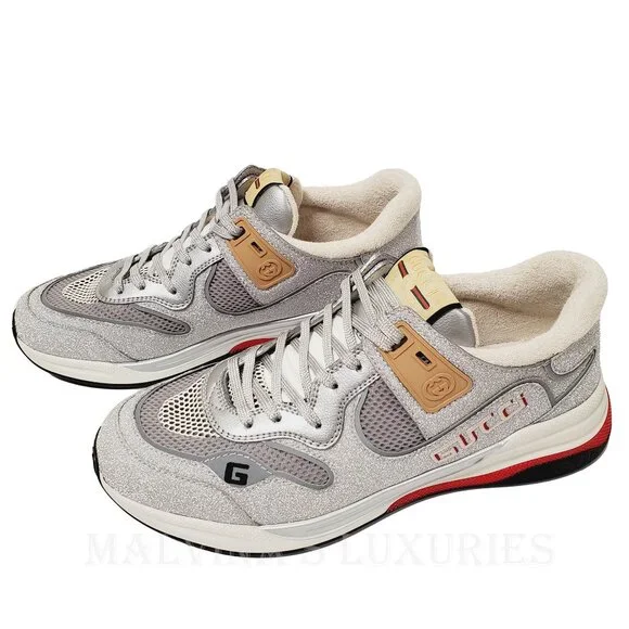 GUCCI SNEAKERS MENS ULTRAPACE SILVER LEATHER SHOES w LOGO